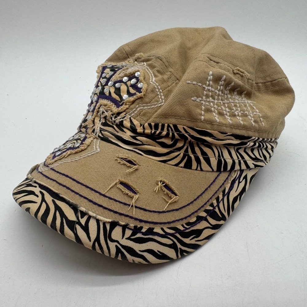 LOGA Womens Tan Zebra Print Rhinestone Cross Cadet Hat Distressed Adjustable Cap